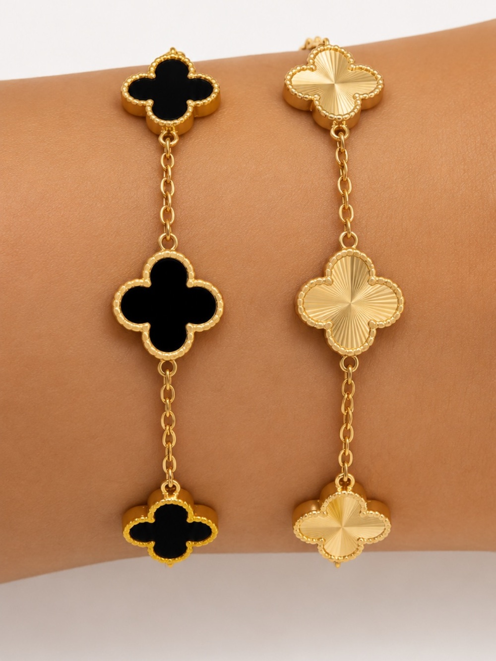 18K Gold Four Leaf Clover Bracelet Set 2pc Alhambra Van CLF Style Dainty Charm